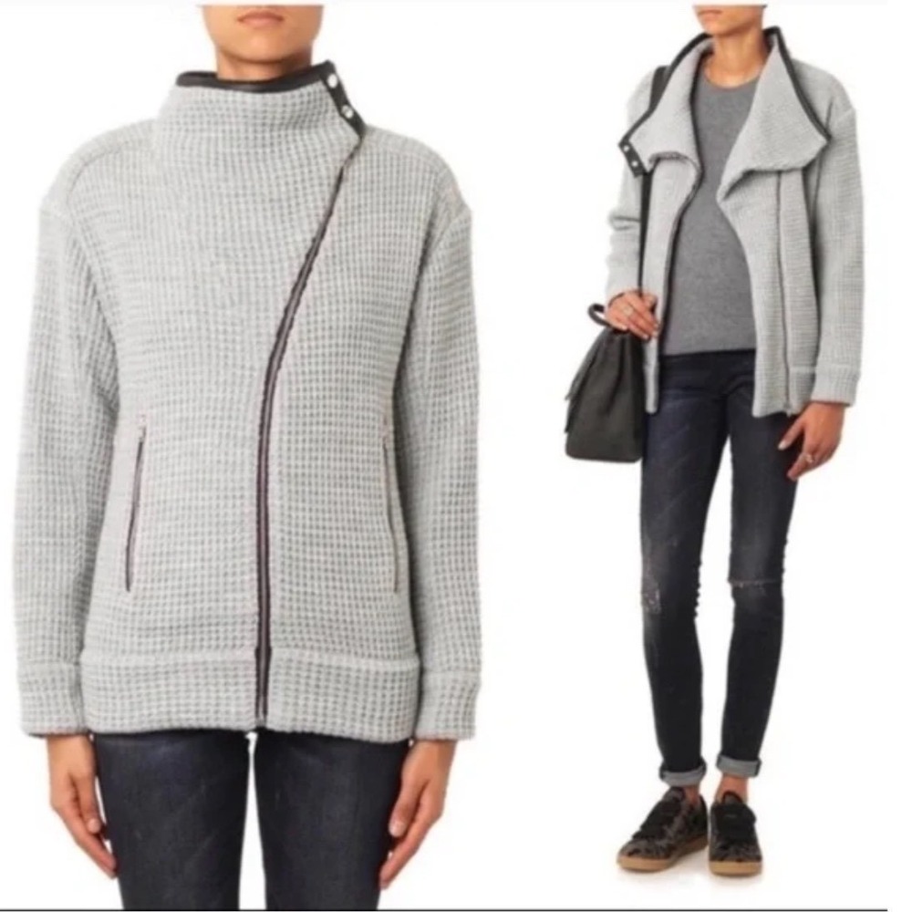 NWT IRO Chelane Grey Waffle Knit‎ Moto Jacket Lamb Leather Trim Wool Blend Sz 38